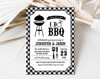 I Do BBQ Invitation, BBQ Engagment Party Invite, BBQ Rehearsal Dinner, Black and White Gingham Bridal Shower Corjl Template