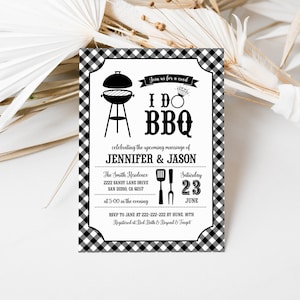 I Do BBQ Invitation, BBQ Engagment Party Invite, BBQ Rehearsal Dinner, Black and White Gingham Bridal Shower Corjl Template