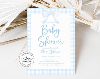 EDITABLE Blue Bow Baby Shower Invitation, Blue Gingham Invite, Baby Boy Shower Watercolor Ribbon Corjl Template