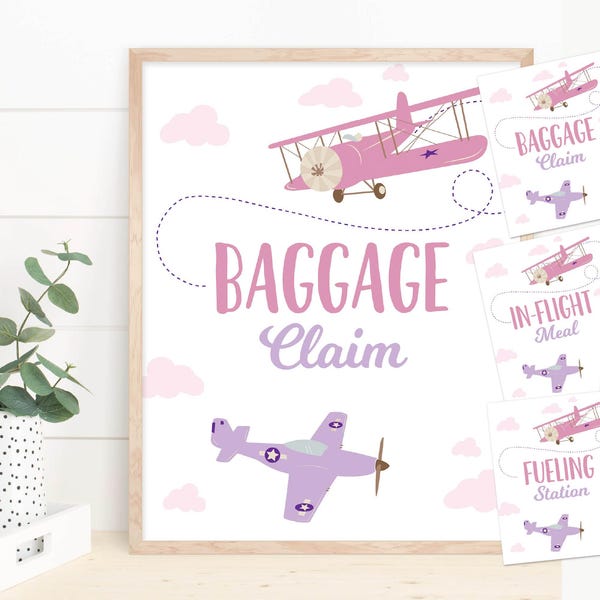 Airplane Birthday Sign Package Pink Purple Airplane Party Bundle Baggage Claim Sign Fueling Station Inflight Snacks Sign Instant Download
