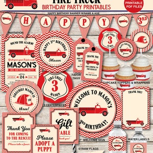 May include: Printable party decorations for a fire truck themed birthday party. The set includes a banner, cupcake toppers, water bottle labels, favor tags, welcome sign, and more. The decorations feature a red and white chevron pattern with black accents. The text on the decorations says "Happy 3rd Birthday Mason" and "Fire Chief Mason".