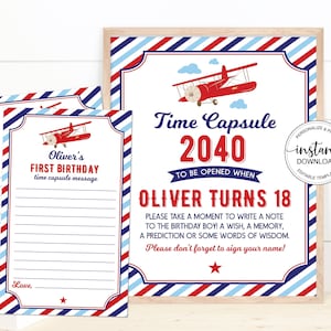Airplane Birthday Time Capsule First Birthday Sign & Card, Airplane birthday decoration, Boy 1st Birthday Instant Download