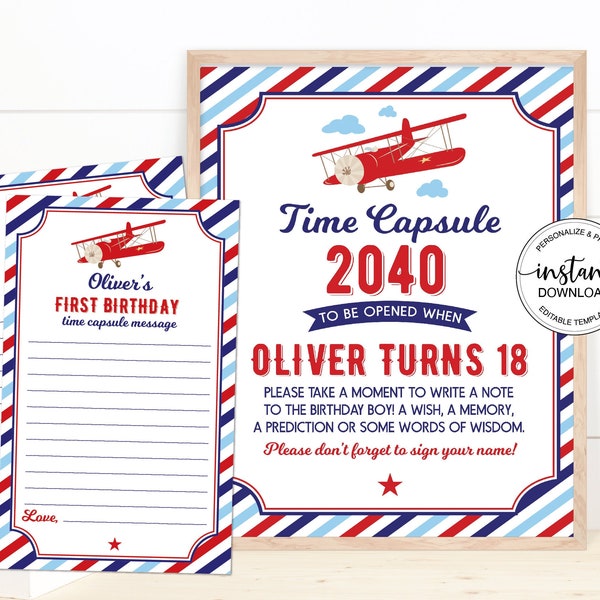 Airplane Birthday Time Capsule First Birthday Sign & Card, Airplane birthday decoration, Boy 1st Birthday Instant Download