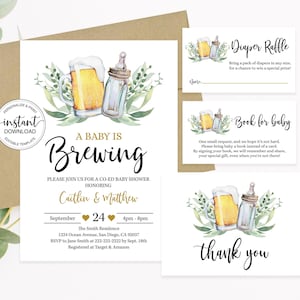 Editable A Baby is Brewing Invitation Bundle, Beer Baby Shower Invitation Package Coed Baby Shower Diaper Raffle Book Request Thank You Card