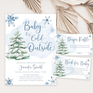 Baby It's Cold Outside Baby Shower Invitation Bundle, Editable Winter Baby Shower Invitation Insert, Winter Wonderland Baby Invite 0004