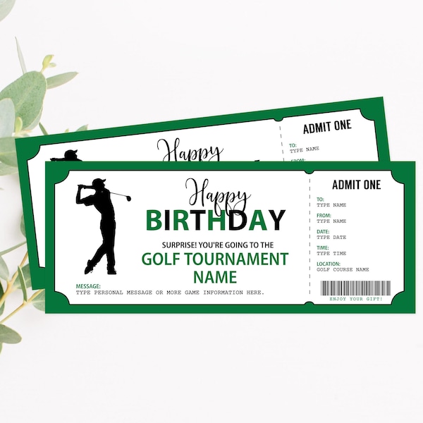 Editable Golf Ticket, Golf Tournament Gift Certificate Surprise Golf Game Printable Birthday Gift Anniversary Present Professional Golf