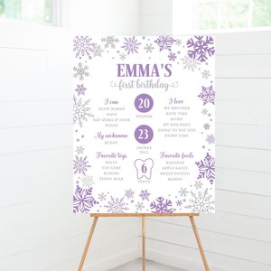 Winter ONEderland Birthday Milestones Sign, Winter Wonderland First Birthday Poster, Girl Snowflakes Corjl Template Printable Lavender