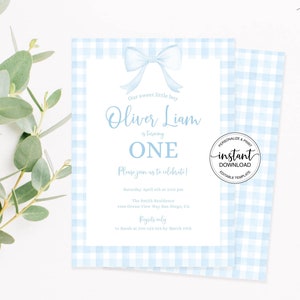 EDITABLE Blue Gingham Bow First Birthday Invitation, Boy 1st Birthday Invite, Watercolor Light Blue Bow Party Editable Corjl Template