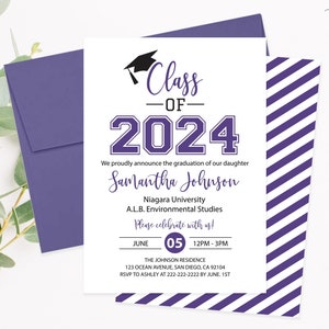 Editable Graduation Party Invitation Purple, Graduation Announcement Class of 2024 Graduation Card College High School University Template