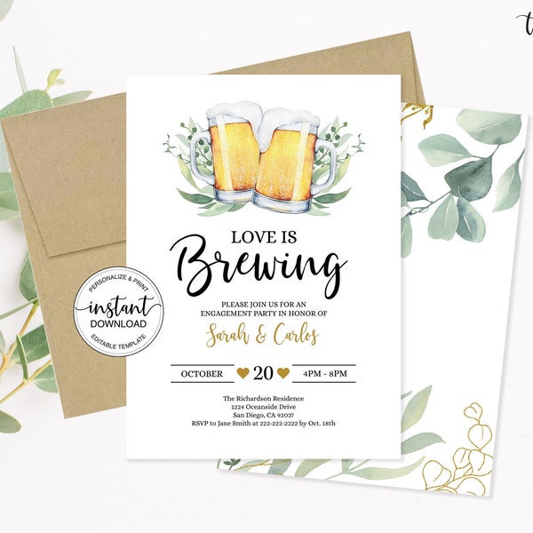 Love is Brewing Invitation, Beer Engagement Party Invitation, Editable Beer Coed Wedding Shower Invite, Beer Bridal Shower Invitation