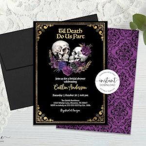 Halloween Bridal Shower Invitation Template, Printable Gothic Wedding Shower Invitation, Til Death Do Us Part Bridal Shower Invite