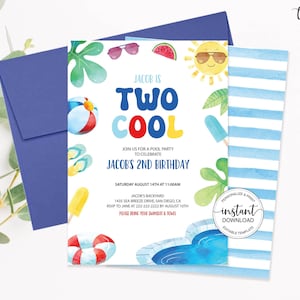 Editable Pool Birthday Invitation, Two Cool Party Invite, Summer 2nd Birthday Splash Pad Party, Second Birthday Boy Water Party Beach Ball