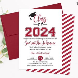 Editable Graduation Announcement, Red Graduation Party Invitation Class of 2024 Announcement College High School Grad Corjl template