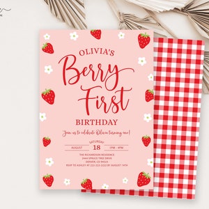 Editable Strawberry Birthday Invitation, Berry First 1st Birthday Party Invite Printable, Girl Blossom Corjl Template