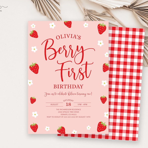 Editable Strawberry Birthday Invitation, Berry First 1st Birthday Party Invite Printable, Girl Blossom Corjl Template