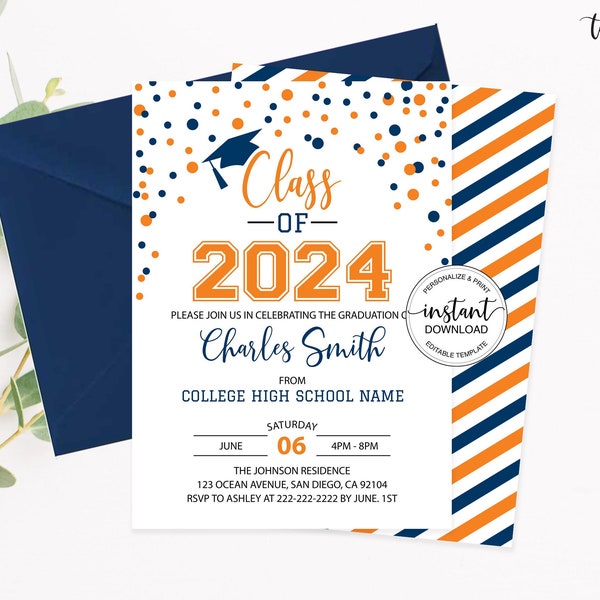 Editable Graduation Party Invitation, Class of 2024 Announcement, Blue Orange Graduation Invite, College Graduation, High School Graduation