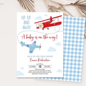 Airplane Baby Shower Invitation, Editable Vintage Travel Baby Shower Invite Template, Printable Invitation, Baby Boy Instant Download