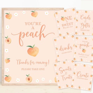 Peach Birthday Sign Package One Sweet Peach Fruit Party Bundle Favors Sign Drinks Snacks Sign Gift Table Sign Dessert Corjl Template