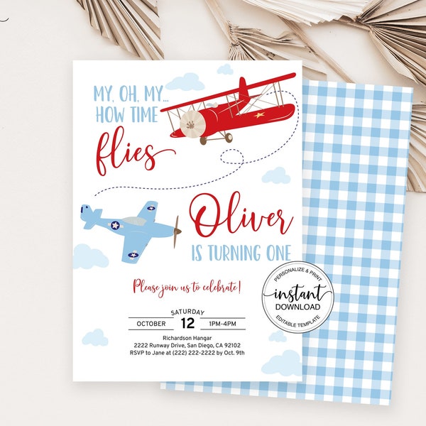 Airplane Birthday Invitation, Time Flies Invitation, Boy 1st Birthday Invite Editable Airplane Birthday Invitation Instant Download 0003