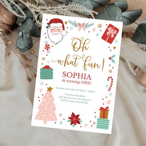 Editable Christmas Birthday Invitation Girl Oh What Fun Christmas Birthday Party Red And Pink 1st Birthday Party Instant Download, 0008