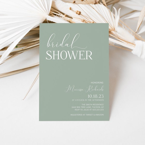 Sage Green Bridal Shower Invitation, Minimal Bridal Shower Invitation Template, Modern Bridal Shower Invite Editable Boho Bridal Shower