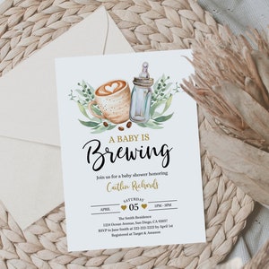 A Baby is Brewing Baby Shower Invitation Coffee Baby Shower Greenery Gender Neutral Couples Baby Shower Invite Corjl Template 0018