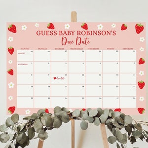 Strawberry Guess Arrival Date Calendar Sign, Berry Sweet Guess Baby's Due Date Calendar, Strawberry Baby Shower Decoration Corjl Template