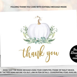 White Pumpkin Thank You Card, Little Pumpkin Baby Shower, Editable Thank You Card, Greenery Pumpkin, Fall Baby, Autumn, Gender Neutral