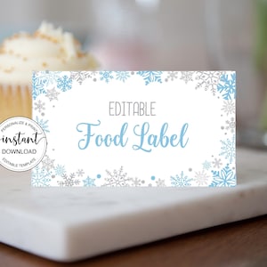 Winter Onederland Food Labels Editable Winter Wonderland Food Tents, Printable Food Label Snowflake Place Cards Winter Birthday Decor 0002