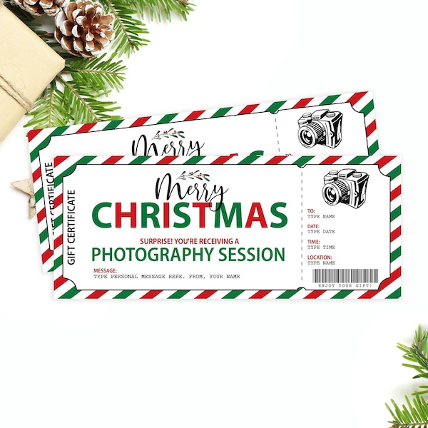 Editable Photography Session Gift Certificate, Surprise Photo Session Ticket, Christmas Gift Printable Christmas Present Gift Voucher