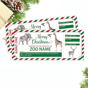 Pass billet de zoo modifiable, cadeau de Noël d’adhésion au zoo, certificat-cadeau Safari, modèle Corjl de carte-cadeau surprise de cadeau de Noël pour enfants