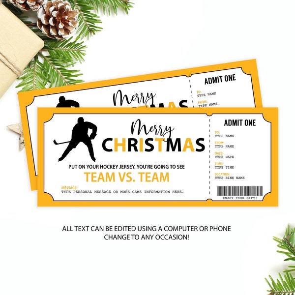 Editable Hockey Game Ticket, Surprise Hockey Game Voucher Printable, Christmas Gift Certificate, Birthday Gift Card Christmas Present