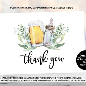 Thank You Card Folding, A Baby is Brewing Baby Shower, Editable Thank You Card, Beer Baby Shower, Coed Baby Shower, Printable