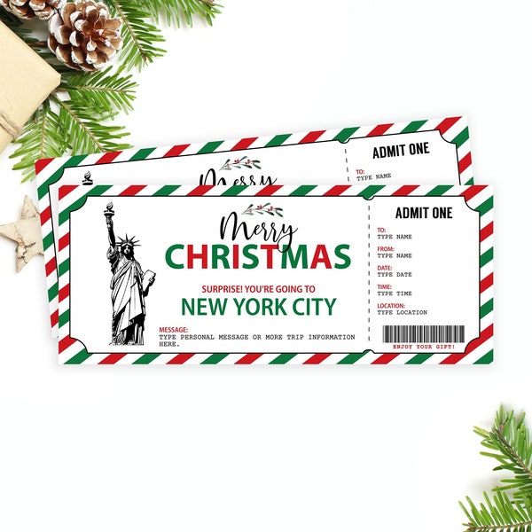 Editable New York Trip Ticket, New York City Surprise Trip Gift Certificate Vacation Christmas Gift Travel Voucher Present INSTANT DOWNLOAD