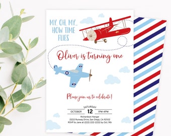 Airplane Birthday Invitation Time Flies Invitation Boy 1st Birthday Invite Editable Airplane Party Corjl Template 0003