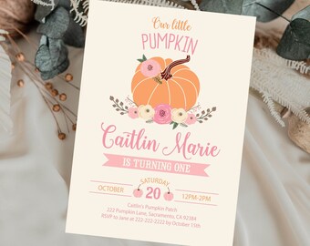 Editable Pumpkin Birthday Invitation, Little Pumpkin 1st First Birthday Invite Pink Orange Fall Birthday Corjl Template
