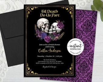 Könnte beinhalten: Eine schwarze und goldene, druckbare Einladung zu einer Brautparty mit gotischem Thema. Die Einladung zeigt zwei Skelette mit Blumen und den Text "Til Death Do Us Part".