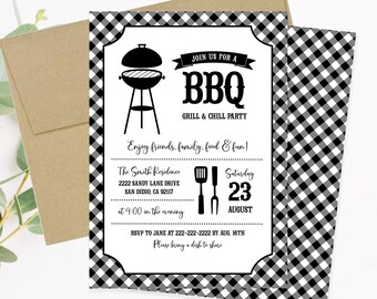 Editable BBQ Invitation, BBQ House Party Invite, BBQ Any Occasion Summer Get Together Backyard Party Black and White Gingham Corjl Template