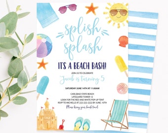 Editable Beach Birthday Party Invitation, Boy Beach Bash Invite Printable Summer Swim Sand Corjl Template