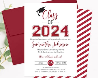 Editable Graduation Announcement, Red Graduation Party Invitation Class of 2024 Announcement College High School Grad Corjl template