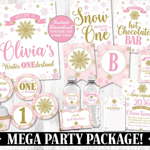 Winter Onederland Signs Girl Birthday Wonderland Party Digital Printable Thank You Snow Much for Coming Sign Gold Blush First Birthday