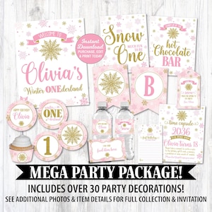 Winter ONEderland Decorations Girl, Winter Wonderland Decorations, Pink and Gold, First Birthday, Editable, Printable, INSTANT DOWNLOAD