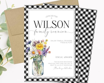 Editable BBQ Family Reunion Invitation, Black White Gingham Wildflowers Mason Jar Invite Summer Backyard Picnic Corjl Template