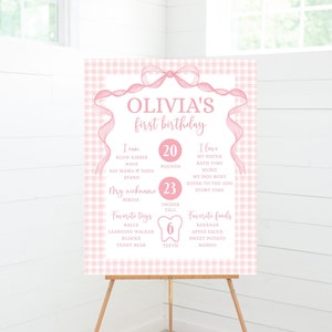 Pink Bow Birthday Milestone Sign, Pink Gingham First 1st Birthday Party Poster Girl Birthday Decoration Corjl Template