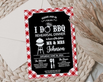 Editable I Do BBQ Rehearsal Dinner Invitation, BBQ Wedding Rehearsal Dinner  Invite, Backyard Wedding Invitation Red Gingham Corjl Template