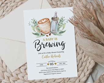 A Baby is Brewing Baby Shower Invitation Coffee Baby Shower Greenery Gender Neutral Couples Baby Shower Invite Corjl Template 0018