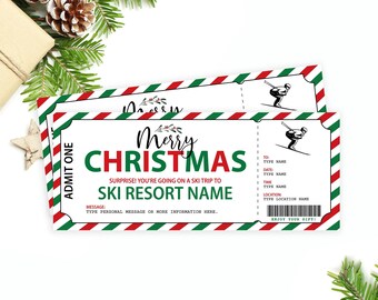 Puede incluir: Un certificado de regalo de Navidad imprimible para un viaje de esquí. El boleto es rojo, verde y blanco con un patrón a rayas. El texto dice "Feliz Navidad" y "¡Sorpresa! Vas a un viaje de esquí a [NOMBRE DEL CENTRO DE ESQUÍ]".