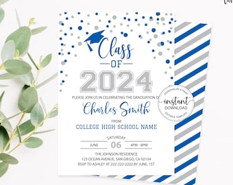 Editable 2024 Graduation Party Invitation, Royal Blue and Grey Grad Digital Invite, Editable Graduation Announcement Corjl Template