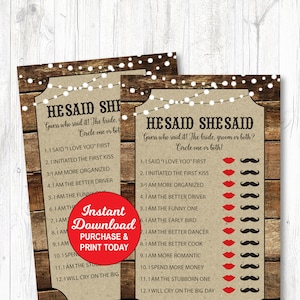 He Said She Said Game, I do BBQ Shower Games, Couples Wedding Shower Games, Engagement Games, Rustic Bridal Shower Games, Instant Download