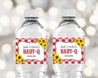 Editable Baby Q Water Labels, BBQ Baby Shower Water Bottle Sticker, Red and White Gingham Baby Shower Sunflowers Corjl Template